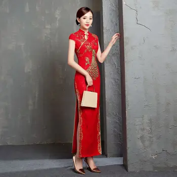 Raudona Kinų Tradicinių Vestuvių Cheongsam Suknelė Ilgai Siuvinėjimo Qipao Retro Nėrinių taurę Suknelė Plius Dydis 6XL Suknelė Moterims