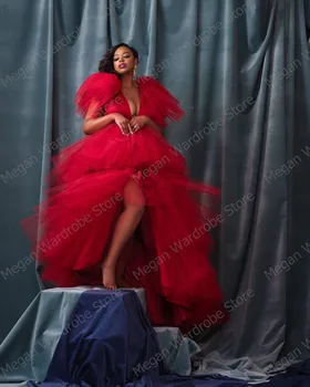 Raudona Papildomų Reljefiniai Didelis Mažas-Line Pakopų Susiėmę Tiulio Suknelės Moterims Seksualus Giliai V-Kaklo Priekyje Atidaryti Ilgalaikes Šalies Tiulio Suknelė Plius Dydis