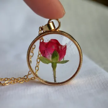 Raudona Rožė Nekilnojamojo Gėlių Skaidrus Plūduriuojantis Apranga Aukso Spalvos Pakabukas Grandinės Ilgio Karoliai Moterų Boho Bižuterijos Meilės Romantiška