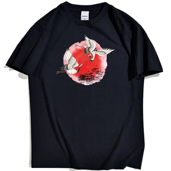 Raudona Vainikavo Kranas Saulėlydžio Dažytos T-Shirts Vyrų Baltoji Gervė Šokių Atspausdinta Tee Drabužiai Vyrams, Prekės Apvalios Kaklo Marškinėliai Vyras