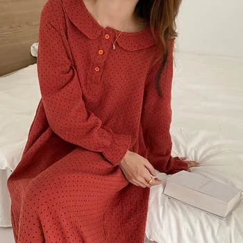 Raudonas rudens žiemos medvilnės moterų pižamą raukiniai ilgomis rankovėmis polka dot ilga suknelė namų drabužių sleepwear nightdress Y179