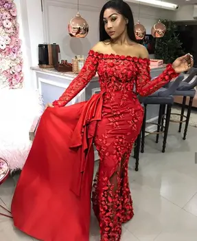 Raudonos Nėrinių Prom Chalatai Undinė Ilgas Rankovė Nuo Peties Grindų Ilgis Oficialią Vakaro Suknelė Juoda Mergaitė, Nigerijos Moterų Cothing