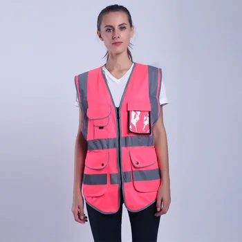 Rausvos Spalvos, Saugos Liemenė Moterims Didelio Matomumo Darbo Drabužių, Uniformų Su Kišenėmis