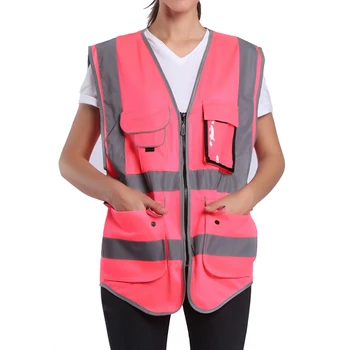 Rausvos Spalvos, Saugos Liemenė Moterims Didelio Matomumo Darbo Drabužių, Uniformų Su Kišenėmis