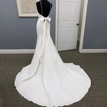 Realios Nuotraukos Undinė Vestuvių Suknelės Spagečiai Dirželiai Baltas Dramblio Kaulo Rankovių Nuotakos Suknelė Lankas Backless Vestido De Noiva 2019