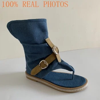 REAVE KATĖ Moterų sandalai bule Džinsinio džinsus medžiaga butai Įrašą kojų gladiatorių Juoda Smėlio studentų Vasaros batai cool Plius dydis 43 A1953