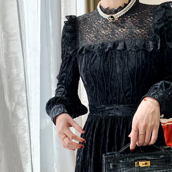 Retro Aksomo, Nėrinių Ilgomis Rankovėmis Suknelė Prancūzijos Sluoksniuotos Rankovėmis Moterys Dizaineris Midi Suknelė 2021 M. Pavasarį Aukšto Juosmens Lady Vestuvės Dress