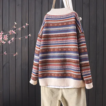 Retro megzti megztinis švarkas moterų rudens žiemos naujas prarasti etninės žakardo megztinis ne banga