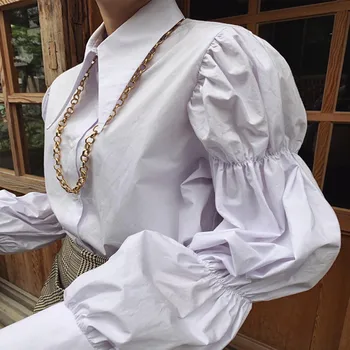Retro stiliaus rūmai nurodė, atvartas single-breasted balta palaidinė moterims prarasti sluoksniuotos rankovėmis marškinėliai viršų