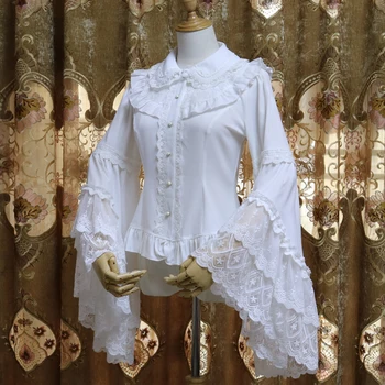 Retro Viktorijos Šifono Palaidinė Long Rankovėmis Varpo Susiėmę White/Black Lolita Marškinėliai