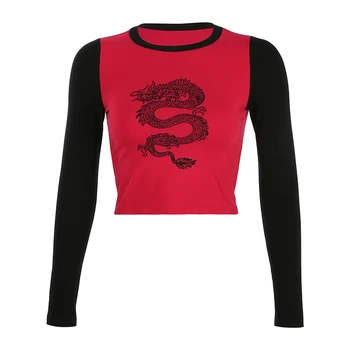 Rockmore Dragon Spausdinti Streetwear Marškinėliai Moterims Kinų Stiliaus Bodycon Kratinys Viršūnes Tees Pagrindinio Marškinėlius Harajuku Moteriški marškinėliai
