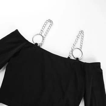 Rockmore Grandinės Spagečiai Dirželiai Marškinėliai Moterims Velniop Kaklo Išjungti Peties Seksualus Pasėlių Top Ilgomis Rankovėmis Juoda Streetwear Pagrindinio Tshirts