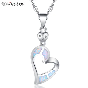 ROLILASON paprastos konstrukcijos širdies formos sidabrinės spalvos antspaudu white opal karoliai pakabukas vestuvių dovana pageidaujamą OP864
