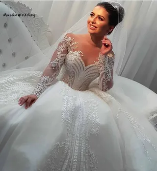Romantiška Arabų Kamuolys Suknelė Vestuvių Suknelės Su Ilgomis Rankovėmis 2020 Senovinių Nėrinių Ilgomis Rankovėmis Princesė Bažnyčios Sode Vestuvių Suknelės