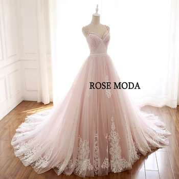 Rose Moda Spalvingas Dusty Rose Pink Vestuvių Suknelė V Kaklo Nėrinių Vestuvių Suknelės su Gėlėmis Realios Nuotraukos