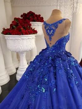 Royal Blue Kamuolys suknelė Quinceanera Suknelės 2020 M. Vien Kaklo Blizgančių Puošnios Nėrinių 3D Gėlių Koplyčia Traukinys Sweety 1 Mergaičių Prom Dress