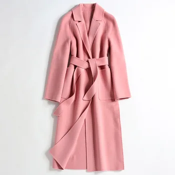 Rožinė dukart susidūrė su kašmyro tranšėjos moterų plonas ilgas švarkelis 2019 m. rudenį ir žiemą, dvipusis vilnos paltas moterims 198012