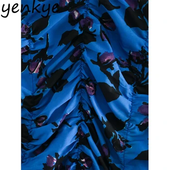 Rudens Derliaus Gėlių Spausdinti Puoštas Moterys ilgomis Rankovėmis V-Kaklo Seksualus Bodycon Mini Suknelės Trumpas Vestido XNWM9792