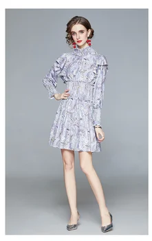 Rudens Tako Šviesiai Violetinės Spalvos Gėlių Spausdinti Saldus Maxi Suknelė Moterų Golfo Sluoksniuotos Rankovėmis Elastinga Juosmens Pynimas Plisuotos Ilga Suknelė