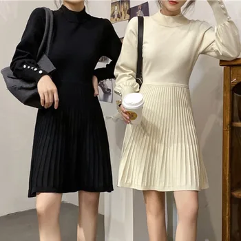 Rudens/žiemos 2020 m. naujas stiliaus sijonas su kailis korėjos stiliaus juosmens lieknėjimo ilgomis rankovėmis bazės megzti megztinis suknelė moterims