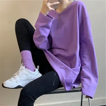 Rudenį 2020 naujas moterų Mados Viršų plius dydis korėjos O-kaklo, ilgomis rankovėmis violetinė T-shirt