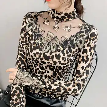 Rudenį ir Žiemą, Naujas Stilius, Leopardas spausdinimui Dugno Marškinėliai ilgomis rankovėmis Vakarų Nėriniai, Siuvinėta Palaidinė Moterų Plius Dydis 4XL Y91