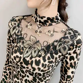 Rudenį ir Žiemą, Naujas Stilius, Leopardas spausdinimui Dugno Marškinėliai ilgomis rankovėmis Vakarų Nėriniai, Siuvinėta Palaidinė Moterų Plius Dydis 4XL Y91