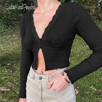 Rudenį Nėrinių Kratinys y2k Apkarpyti Viršūnes Moterų V-kaklo Derliaus Estetinės 90s Marškiniai, Elegantiškas Mados Tshirts 2020 Cuteandpsycho