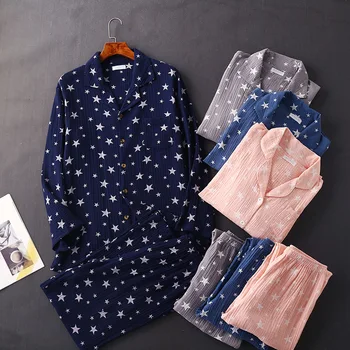 Rudenį Pora Krepo Gazas Pižama Turn-žemyn Apykaklės Vyrų ir Moterų Pijamas ilgomis Rankovėmis Motinystės Nustatyti Drabužius 2 Gabalas Sleepwear