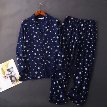 Rudenį Pora Krepo Gazas Pižama Turn-žemyn Apykaklės Vyrų ir Moterų Pijamas ilgomis Rankovėmis Motinystės Nustatyti Drabužius 2 Gabalas Sleepwear