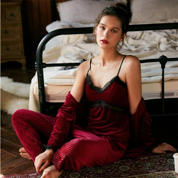 Rudenį Sleepwear korėjos Stiliaus 3PCS Nustatyti Pižama Moterims, Seksualus apatinis Trikotažas Pijama Mujer Satino Atsitiktinis naktiniai drabužiai пижама женская