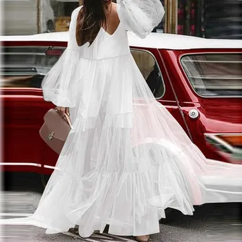 Rudenį Suknelė Moterims Blyksnius Rankovėmis V-Kaklo Balta Maxi Suknelės Elegantiškas Šalis Suknelė Atostogų Seksualių Moterų Drabužius, Vestidos Femme