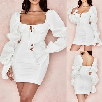 Rudenį vientisos Spalvos Krūtinės-Suvynioti Žiedlapių Long-Sleeve Lace-Up Klubo Mini Suknelė Plonas Moterų Street Wear