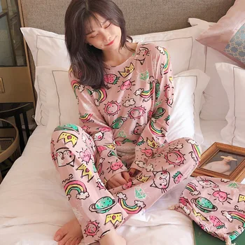 Rudenį Womens Pižama Rinkiniai 3pcs Medvilnės Animacinių filmų Spausdinimo Pijama Homewear Pižamos ilgomis Rankovėmis Pyjama Sleepwear Miego Rinkinys