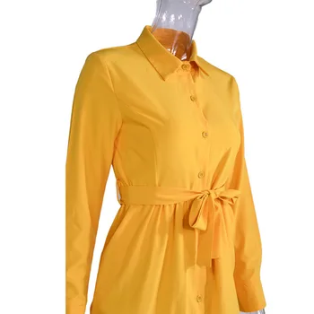 Rudenį Įvyniojimas Marškinėliai Suknelė Moterims, Elegantiškas 2020 Geltona Ilgomis Rankovėmis Turn-Žemyn Apykaklės Office Suknelės Moterims Vestidos