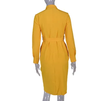 Rudenį Įvyniojimas Marškinėliai Suknelė Moterims, Elegantiškas 2020 Geltona Ilgomis Rankovėmis Turn-Žemyn Apykaklės Office Suknelės Moterims Vestidos