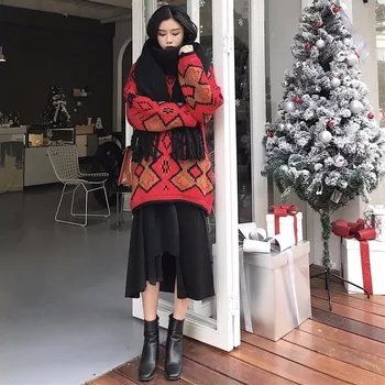 Rudenį, Žiemą Moterų korėjos Versija Kolegijos Stiliaus Kalėdų Storio Prarasti Ilgai Gaisro Sweaterdress Striukė