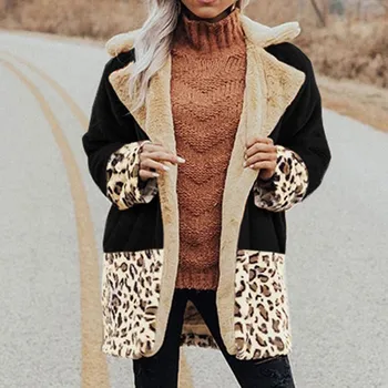 Rudenį, Žiemą Naujas Dirbtiniais Kailiais Striukė Paltai Moterims Leopard Kišenėje Atsitiktinis Palaidų Storio Minkštas Pliušinis Paltas Office Ponios Outwears#45