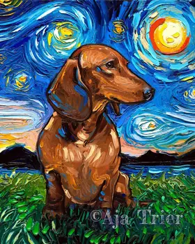 Rudų Trumpų plaukų Takso Žvaigždėtą Naktį Stačiakampio Menas Spausdinti Šuo kūrinys Aja mielas spalvingas van Gogh gyvūnų augintinių sienos decorand