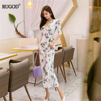 RUGOD 2019 Elegantiškas moterų suknelė padalinta maxi suknelė trumpomis rankovėmis, gėlių spausdinti derliaus korėjos stiliaus modis femme vestido verano