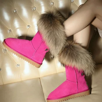 RUIYEE moteriški auliniai batai odiniai batai negabaritinių lapės kailio ilgi batai, moteriški batai 2018 naujų karvės odos sniego batai