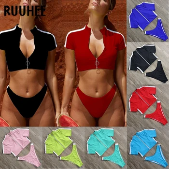 RUUHEE Trumpas Rankovės Bikini maudymosi Kostiumėliai Moterims, Sporto maudymosi kostiumėlį Viršuje Brazilijos Bikini Komplektas Užtrauktukas Paplūdimio Maudymosi Kostiumą, Aukštos Sumažinti 2018