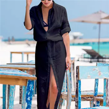 Saida De Praia 2021 Šifono Maudymosi kostiumą padengti iki Mygtuką Long Beach Coverups Moterų Maxi Paplūdimio Suknelė Danga-ups Prarasti Paplūdimio