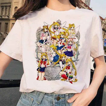 Sailor Moon Marškinėliai Harajuku Mados Atspausdintas T-Shirt Atsitiktinis Dizaino Marškinėlius Moterims Marškinėliai 90s Marškinėliai Moterims Estetinės O-Kaklo