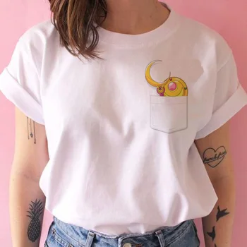 Sailor Moon t-shirt viršuje tees femme japonijos grunge streetwear tumblr spausdinti vasaros top balti marškinėliai