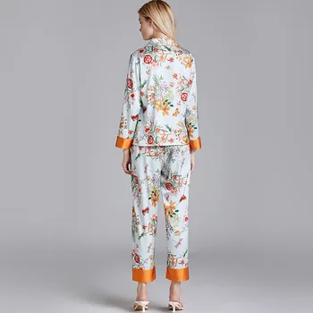 Samwestart nauja pižama ponios pavasario plonas šilko marginimo ilgomis rankovėmis namų drabužiai tiktų pižamos moterims Gėlių V-Kaklo pijamas