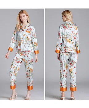 Samwestart nauja pižama ponios pavasario plonas šilko marginimo ilgomis rankovėmis namų drabužiai tiktų pižamos moterims Gėlių V-Kaklo pijamas