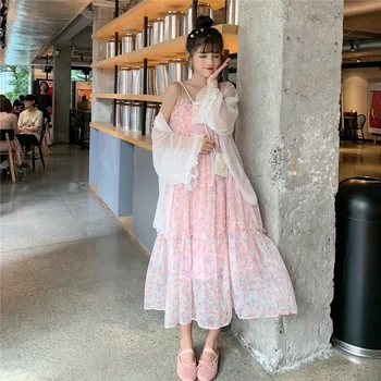 Sannian Moterų Suknelė 2020 Lolita Gėlių Suknelė Vasarai Naujų Korėjos Prarasti Šifono Suspender Suknelės + Apsaugos Nuo Saulės Marškinėliai Moterims Drabužių