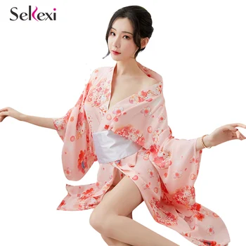 Sekexi Moteris Ilgai Stiliaus Gėlių Suknelė Kimono Prarasti Spausdinti Sakura Kimono Apatinis Trikotažas Satino Šifono Pižama Cardigan Chalatas Suknelė