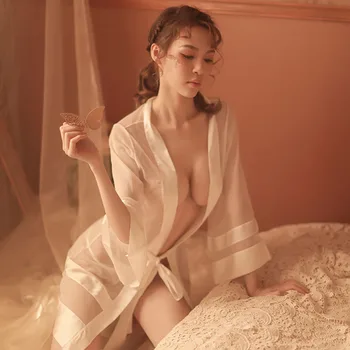 Seksuali Pagunda Moteris Skaidrus Susiuvimo ilgomis rankovėmis Marlės Tvarstis Chalatas Chalatas Nightdress Pižama Nustatyti Kimono Pajama